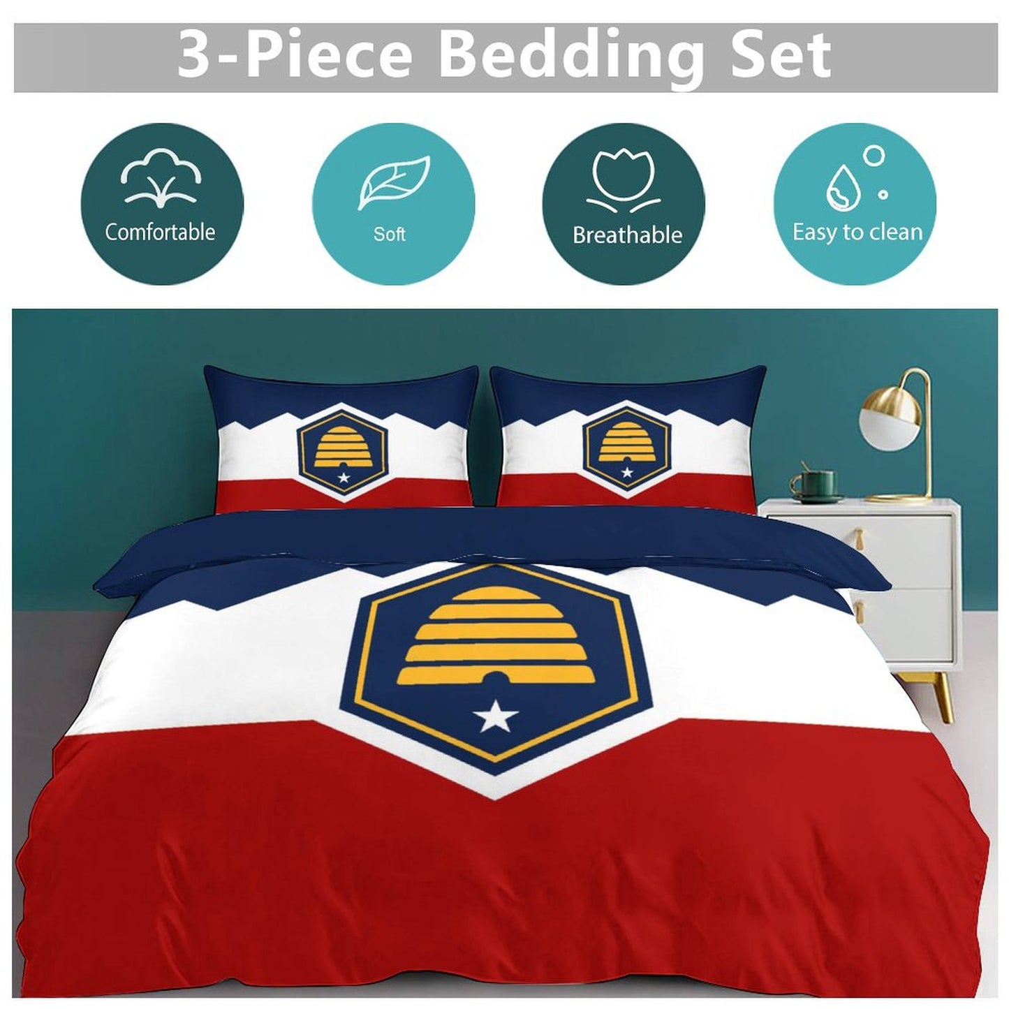 Utah Flag Inspired 3-Piece Bedding Set (1 Duvet Cover + 2 Pillow Shams) – 102"×90"