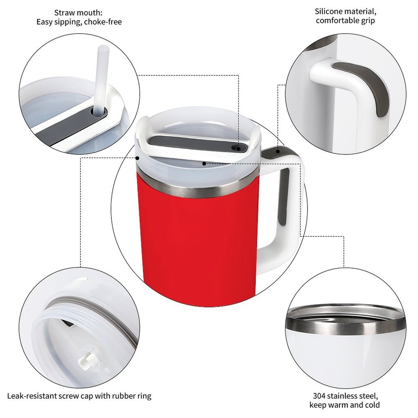 Red [Brand] tumbler with straw, silicone grip, and steel.