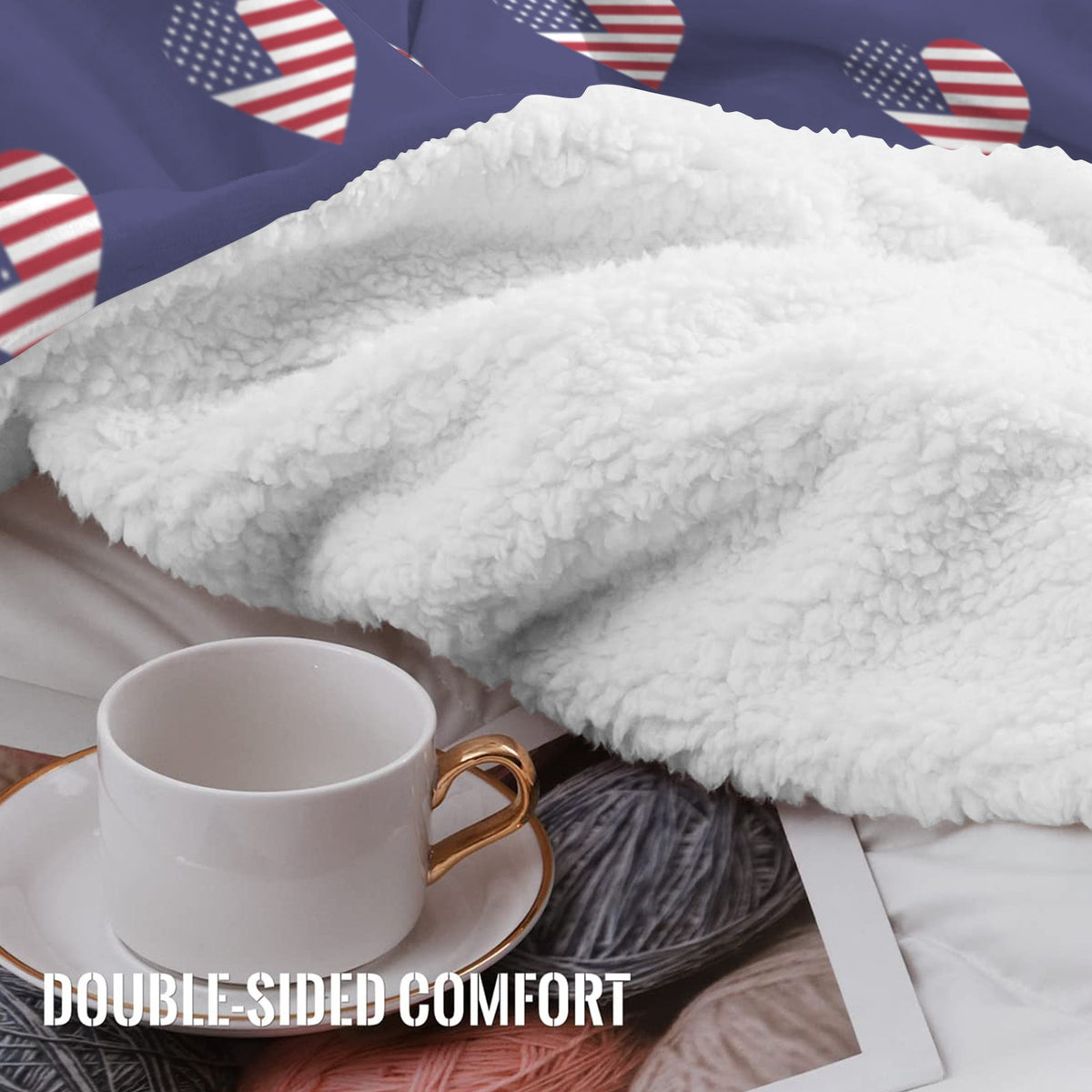 USA/American Flag Inspired Hearts Pattern Sherpa Fleece Blanket 90" x 108" | Prtinted in the USA