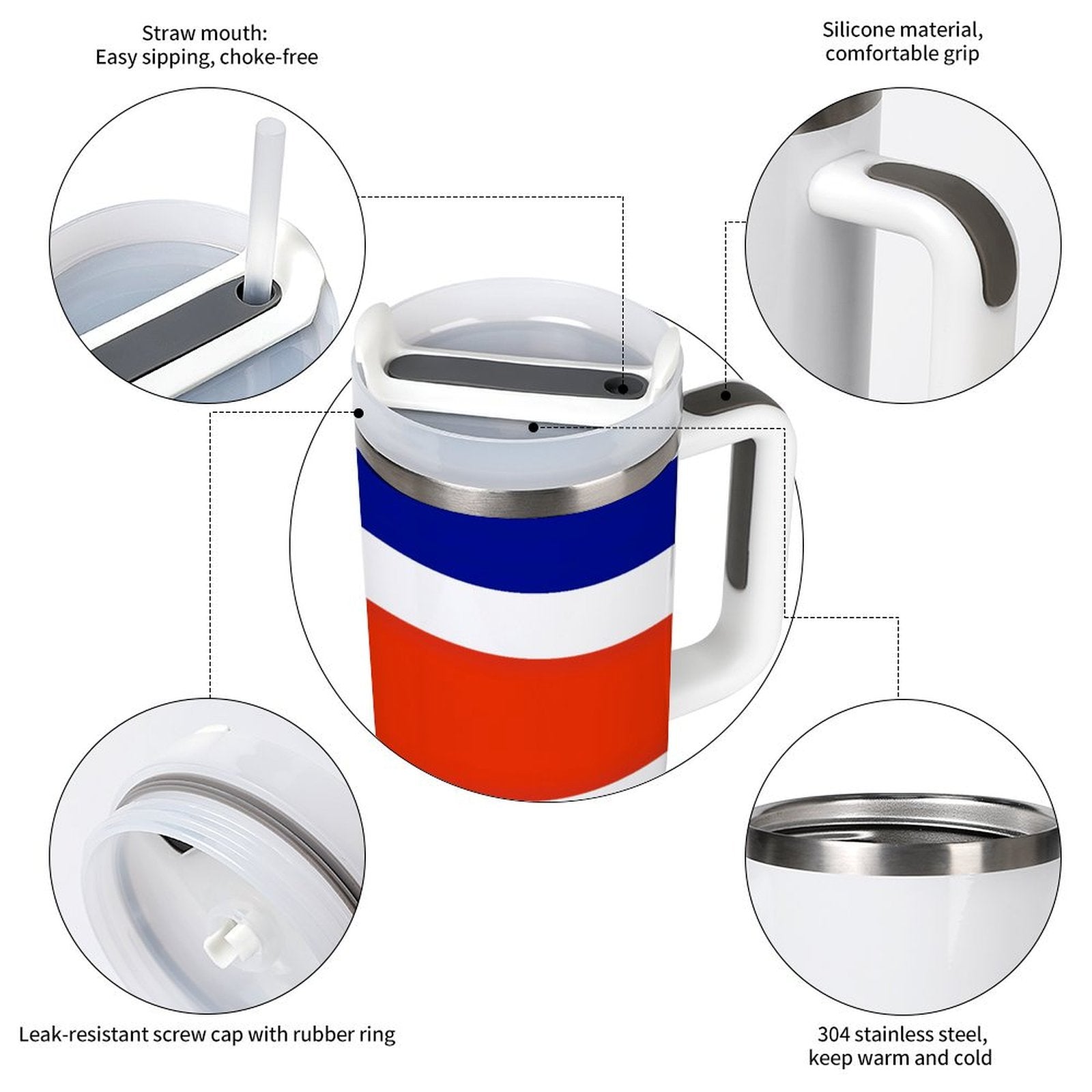 [Brand] insulated mug with straw, silicone grip, leak-resistant design.