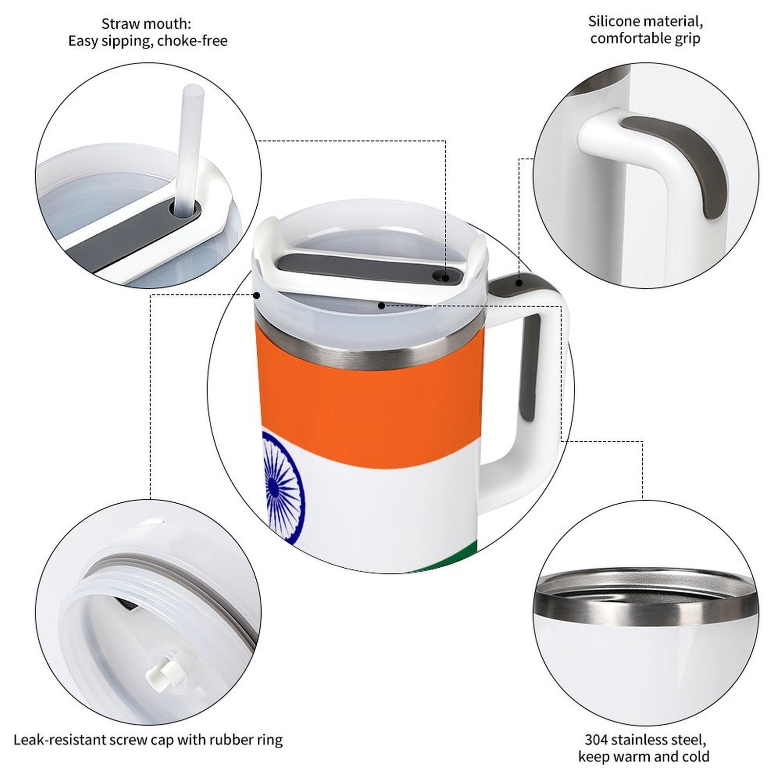 [Brand] insulated mug showcasing features and Indian flag design.