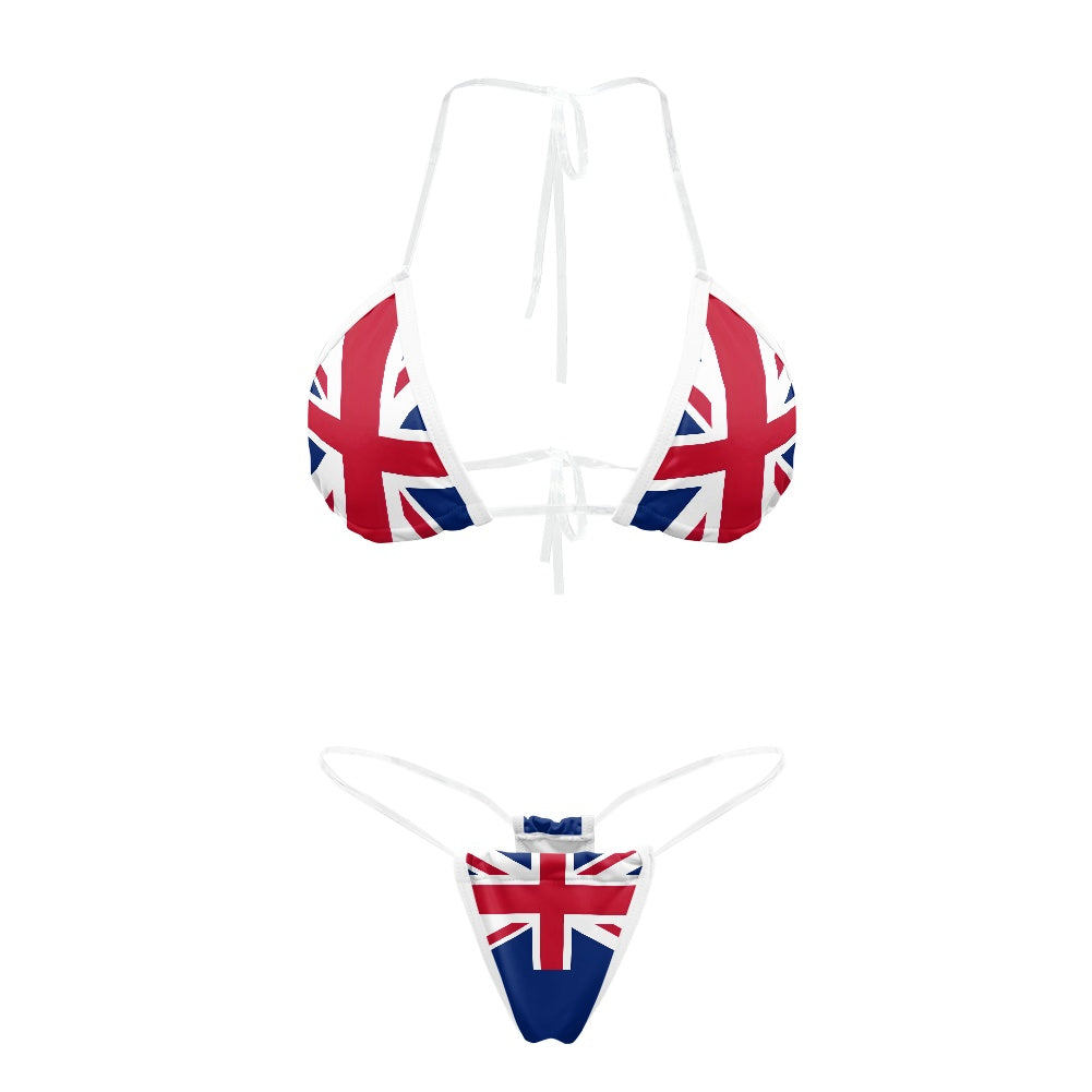 [Brand] Union Jack bikini with white straps, front view.