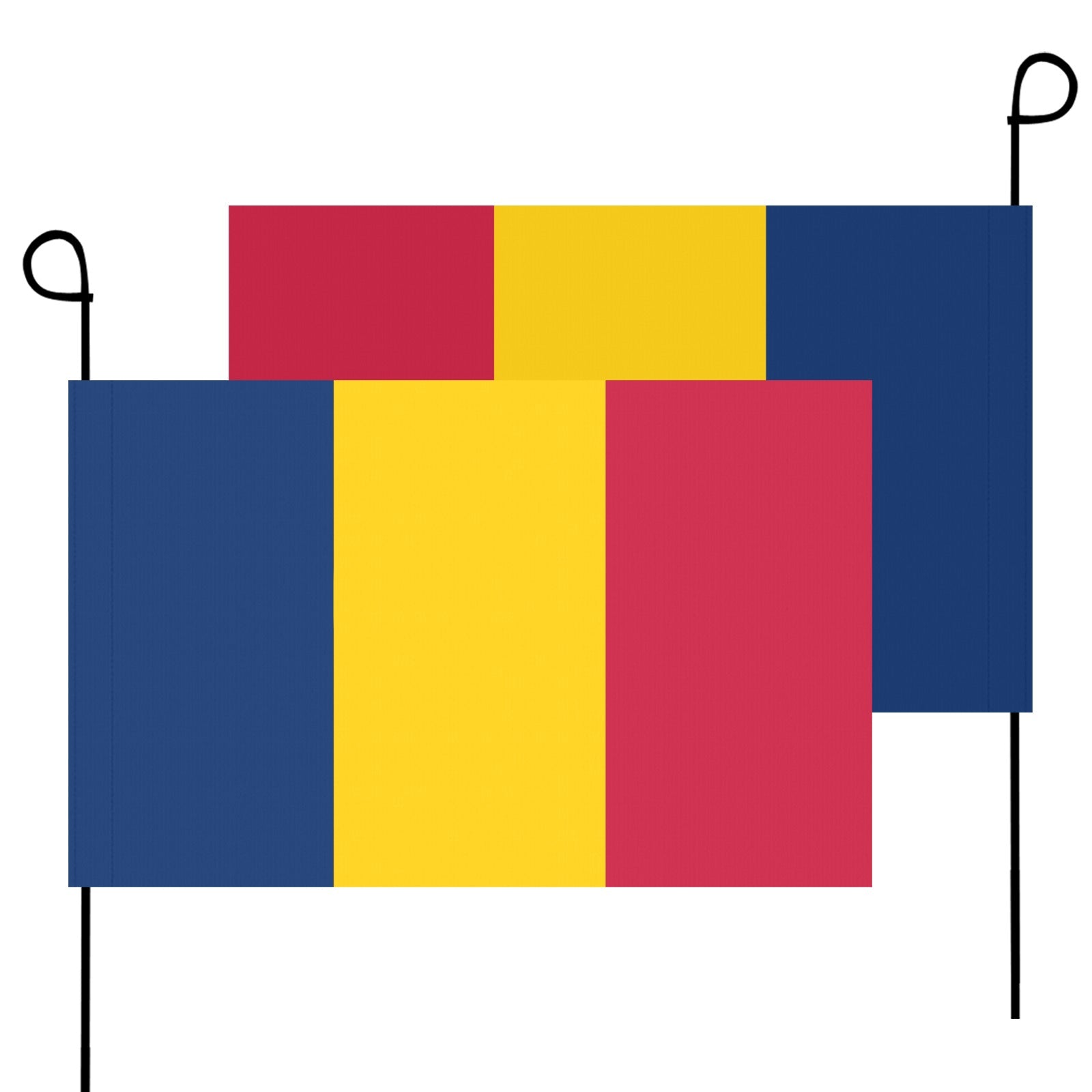 Luv My Flag garden flags with blue, yellow, red stripes.