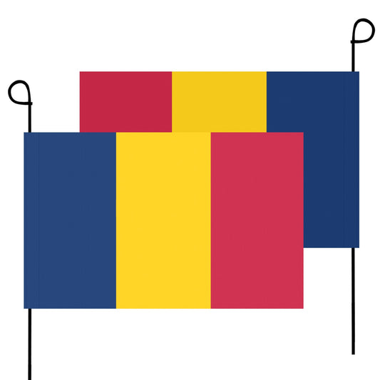 Luv My Flag garden flags with blue, yellow, red stripes.