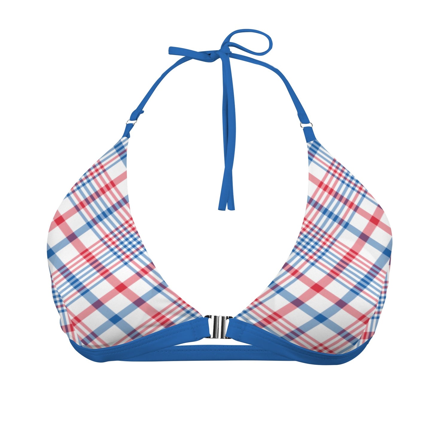 USA/American Flag Inspired Plaid Pattern Women's Halter Bikini Top with Front Buckle