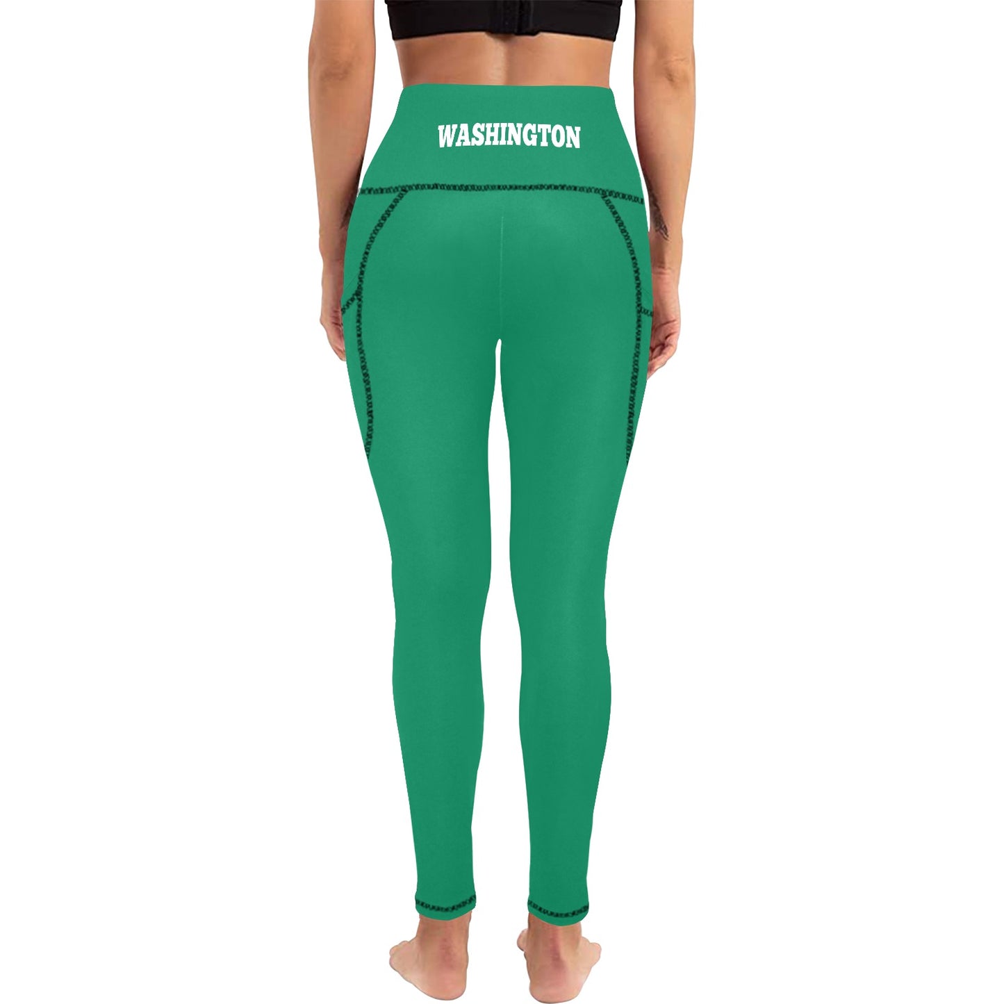The back side of green leggings with 'WASHINGTON' text on a white background
