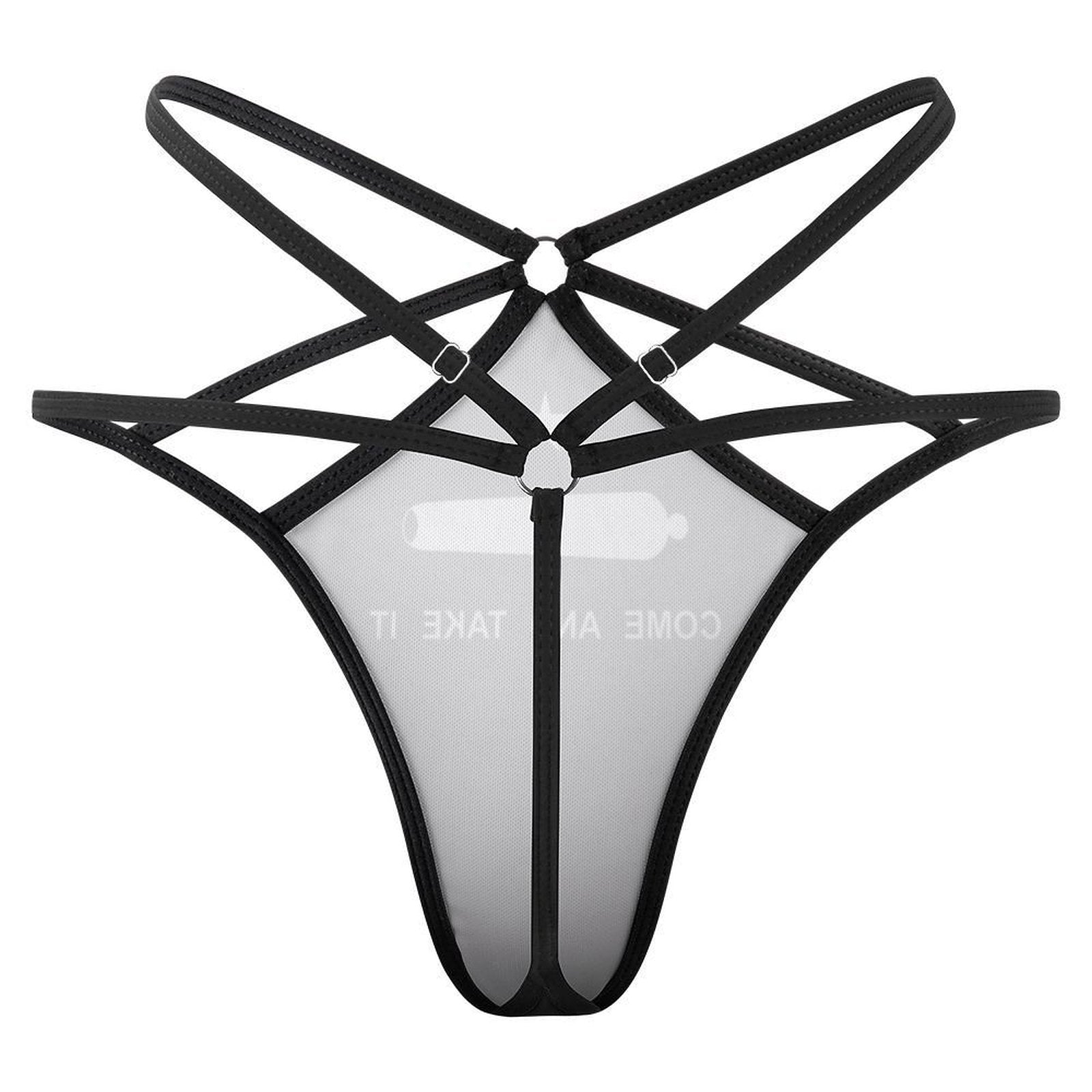 [Brand] black strappy harness-style lingerie with geometric design.