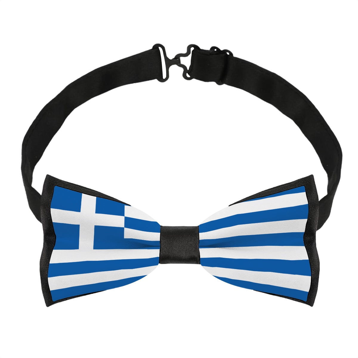 [Brand] bow tie featuring Greece flag design, black strap.
