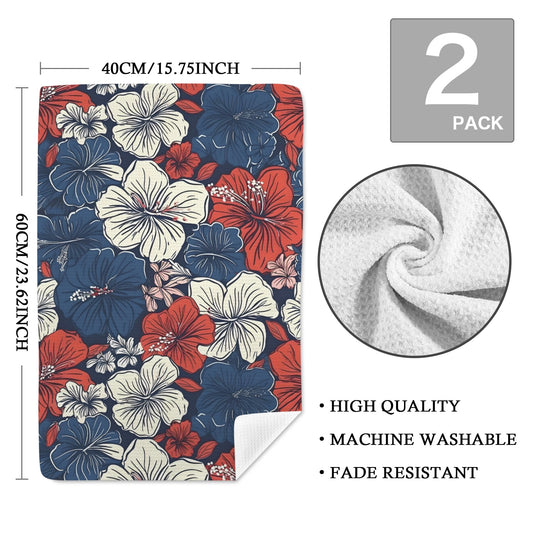USA/American Flag Inspired Hawaiian Floral Pattern Kitchen Towel 40X60cm (Pack of 2) (Made in the USA)