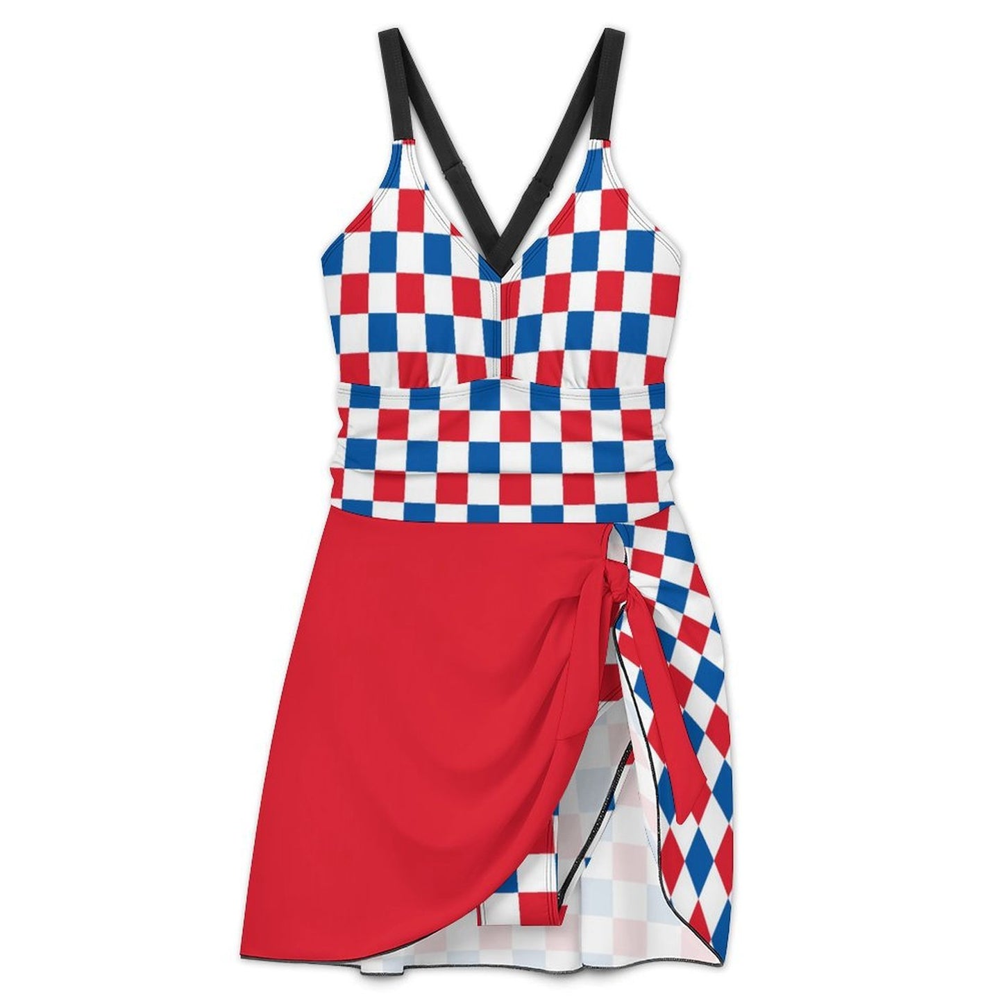 USA/American Flag Inspired Checkered Pattern Women's Hem Tie One-piece Swimsuit