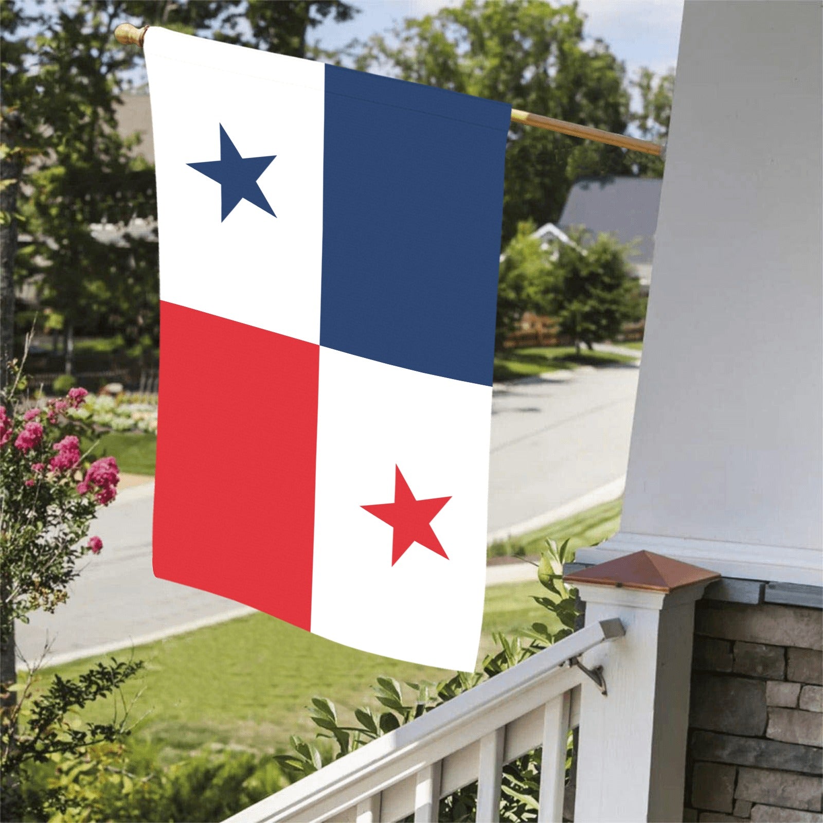 "Luv My Flag Panama flag on porch, sunny day backdrop."