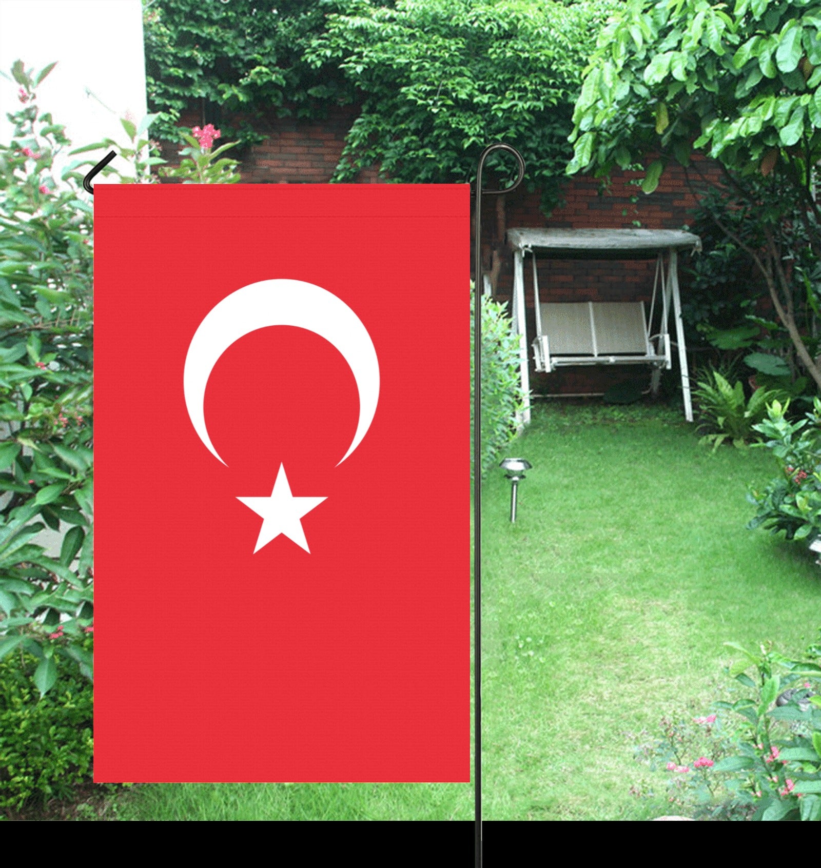 Garden setting with Luv My Flag Turkish banner displayed.