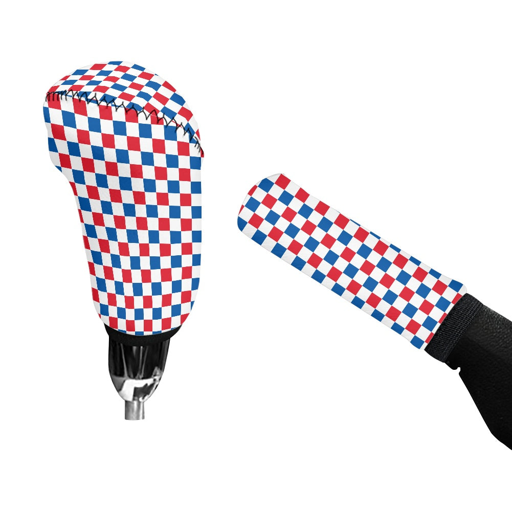 USA/American Flag Inspired Checkered Pattern Gear Lever Cover+Hand Brake Cover