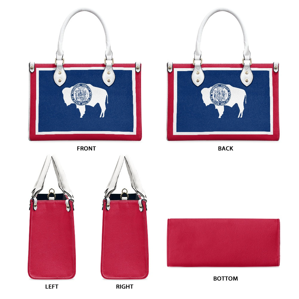[Brand] handbag featuring bison logo, blue and red design.