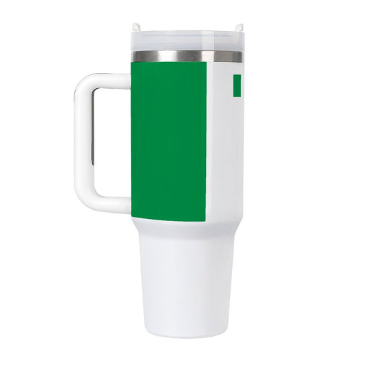 [Brand] white and green travel mug with sturdy handle.
