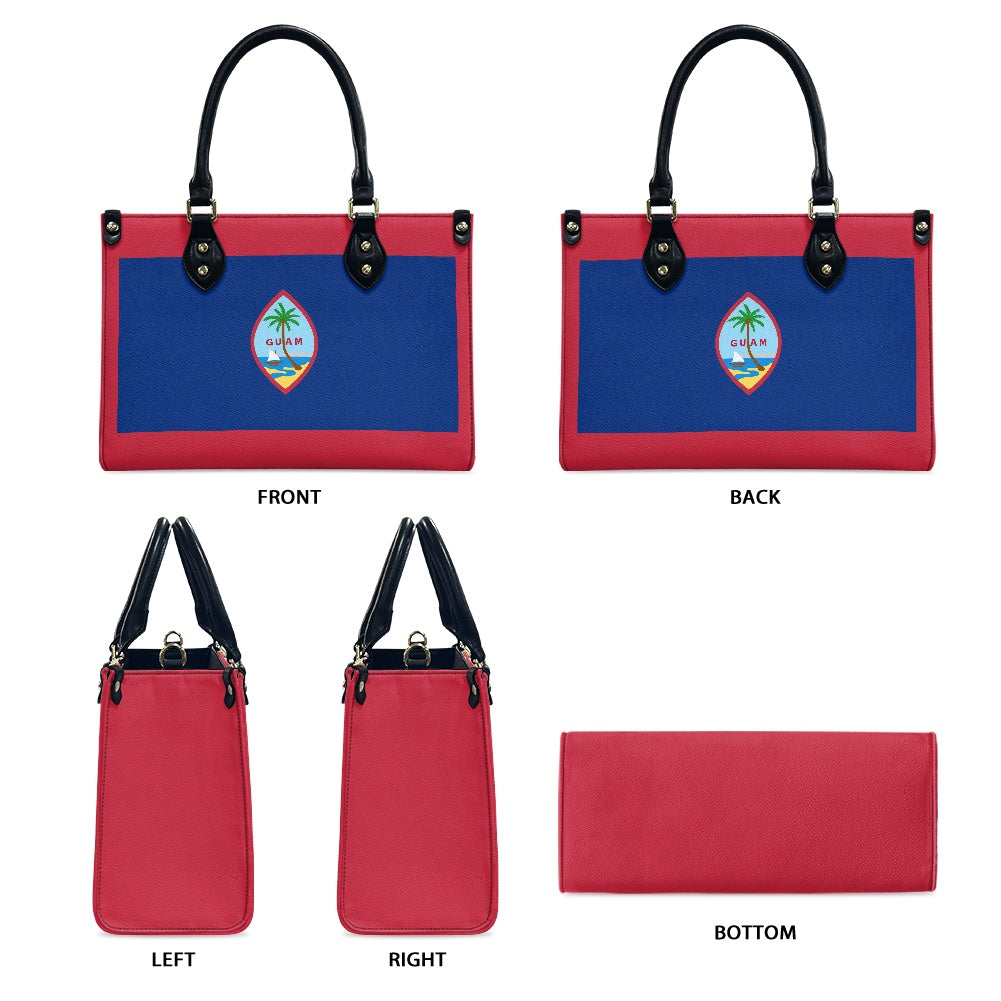 [Brand] handbag, red and blue, five views including bottom.
