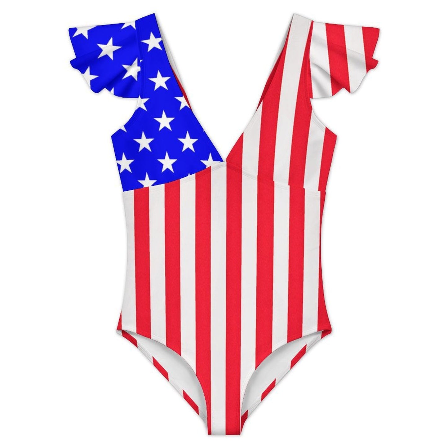 USA/American Flag Inspired Women's V-neck Ruffle Sleeve One Piece Swimsuit