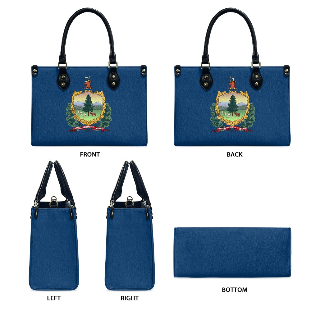 Blue handbag featuring Vermont crest from [Brand], multiple views.