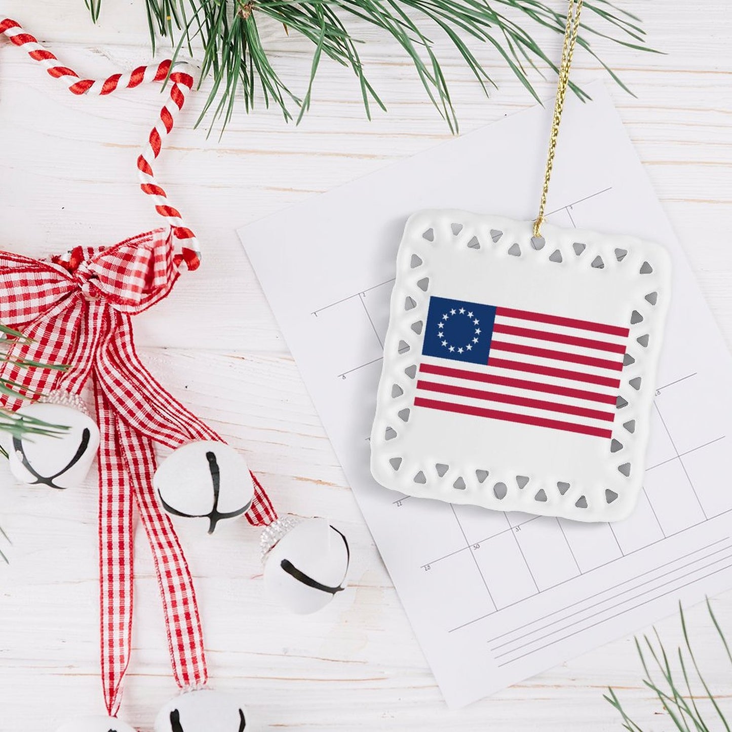 USA/American Betsy Ross Flag Inspired Square Ceramic Ornament Made in the USA