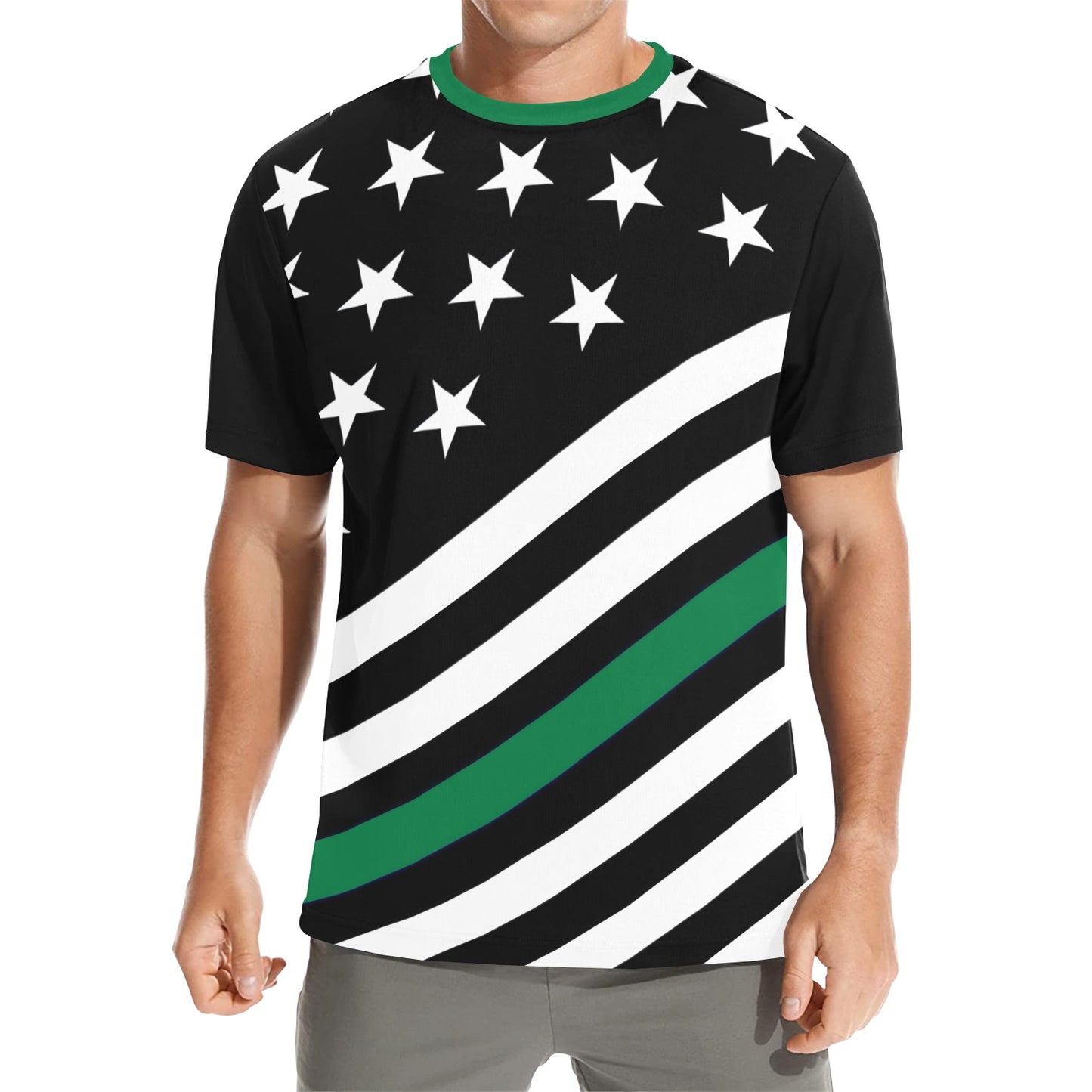 Thin Green Line Flag Men's Crew Neck T-Shirt (Made in USA)