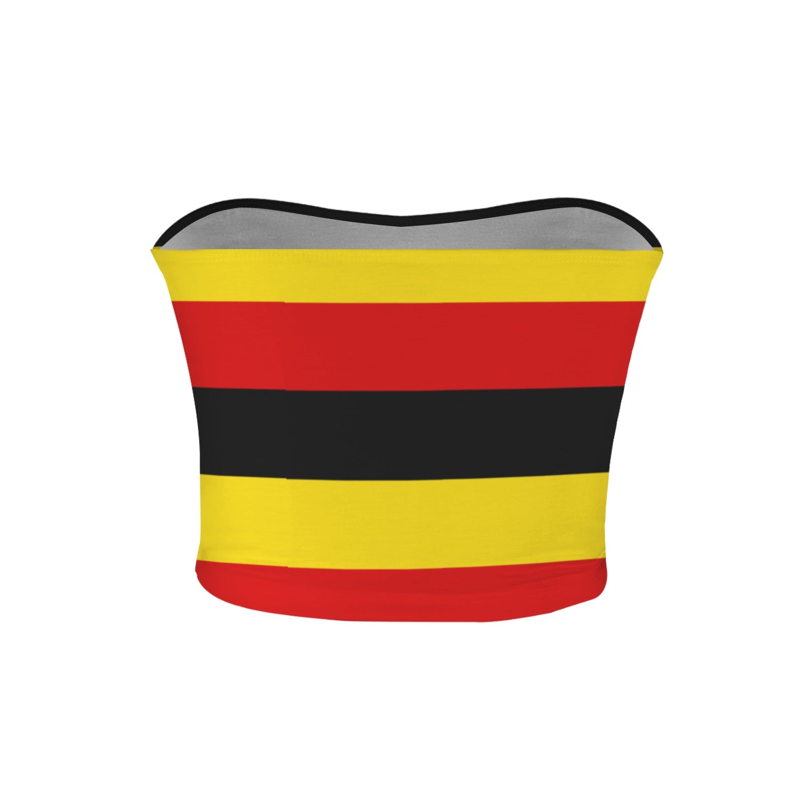[Brand] strapless top with red, black, yellow horizontal stripes.