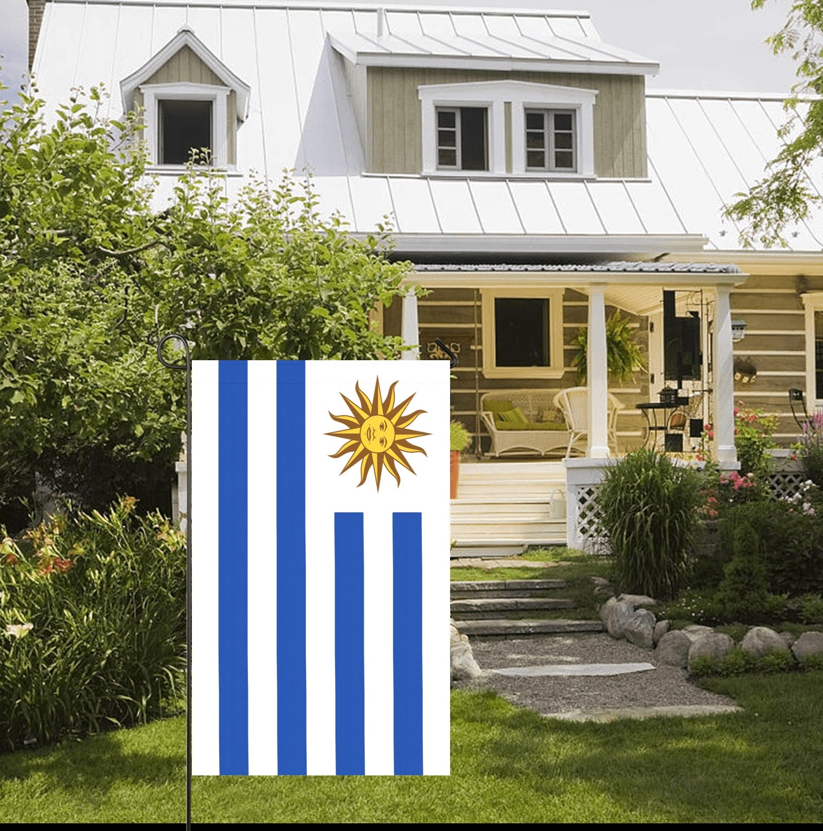 [Luv My Flag] garden flag featuring Uruguay design, charming porch.