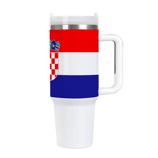 [Brand] travel mug with Croatian flag design, white handle.