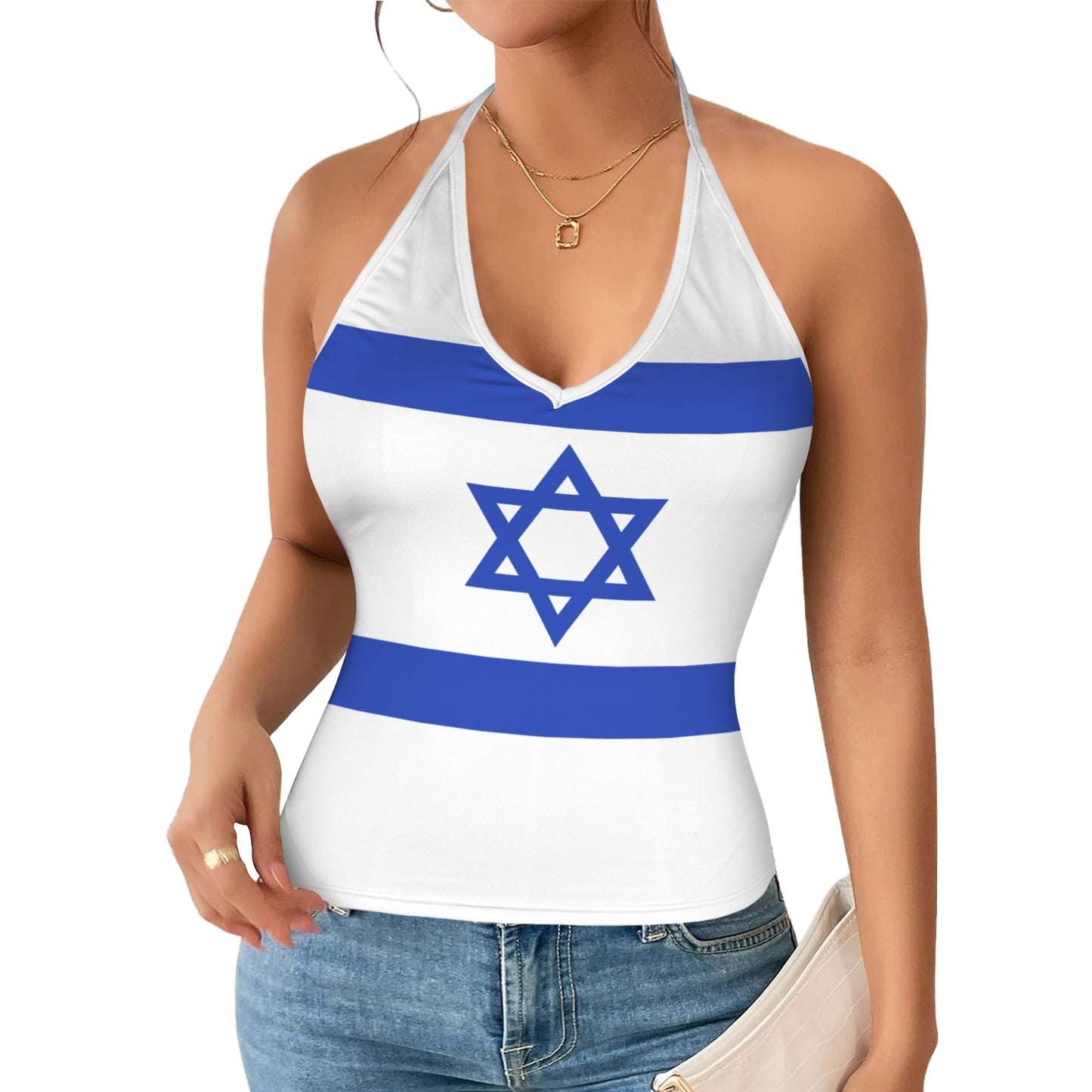 Israel Flag Inspired V-neck Halter Open Back Tank Top