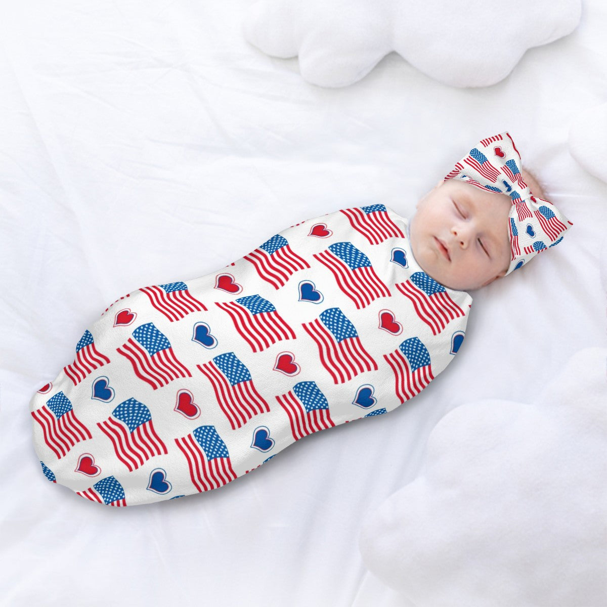USA/American Flag Inspired Flags and Hearts Pattern Baby Swaddle Sack with Baby Headband
