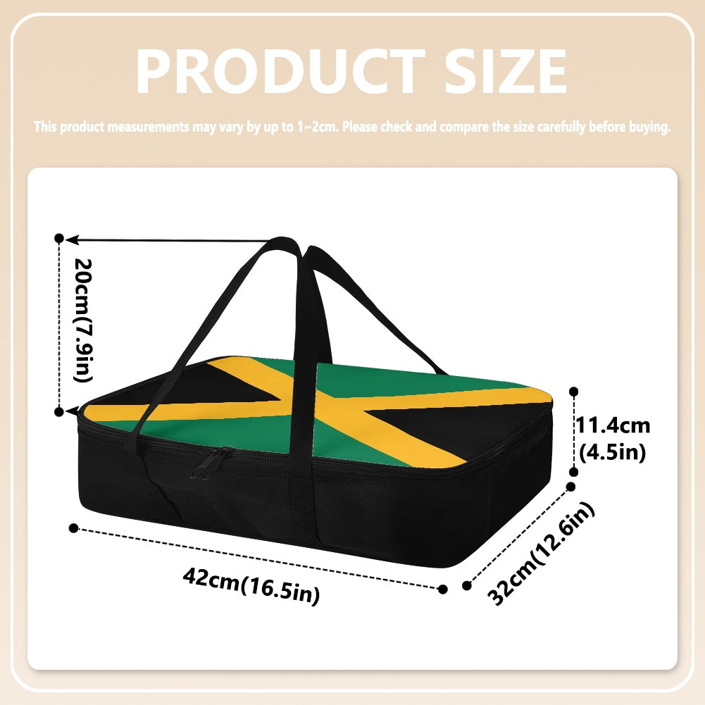 [Brand] casserole carrier with Jamaican flag design, size dimensions.