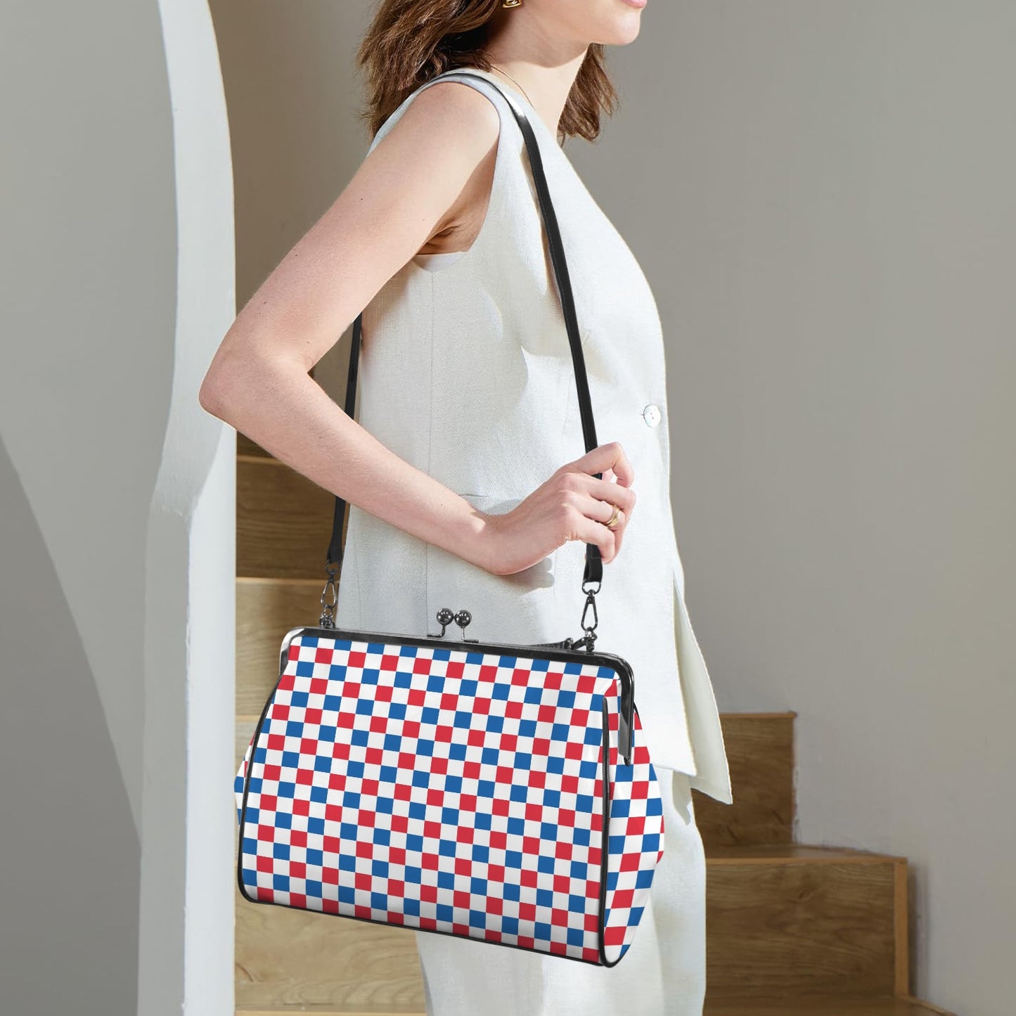 USA/American Flag Inspired Checkered Pattern Kisslock Crossbody Shoulder Bag-Large