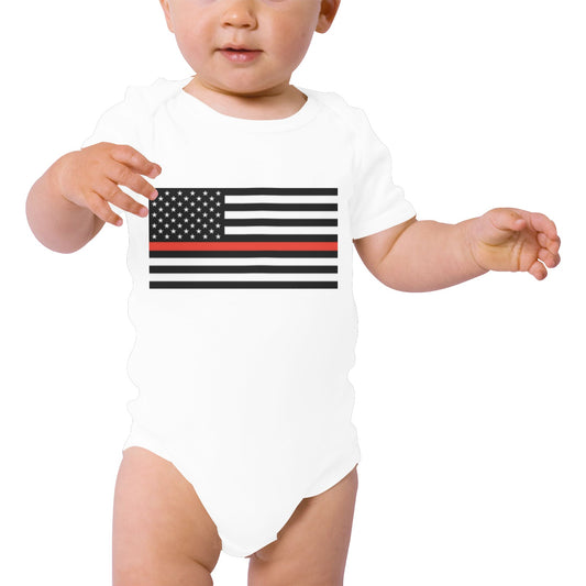 Thin Red Line Flag Baby Short Sleeve Unisex Bodysuits (Made in USA）