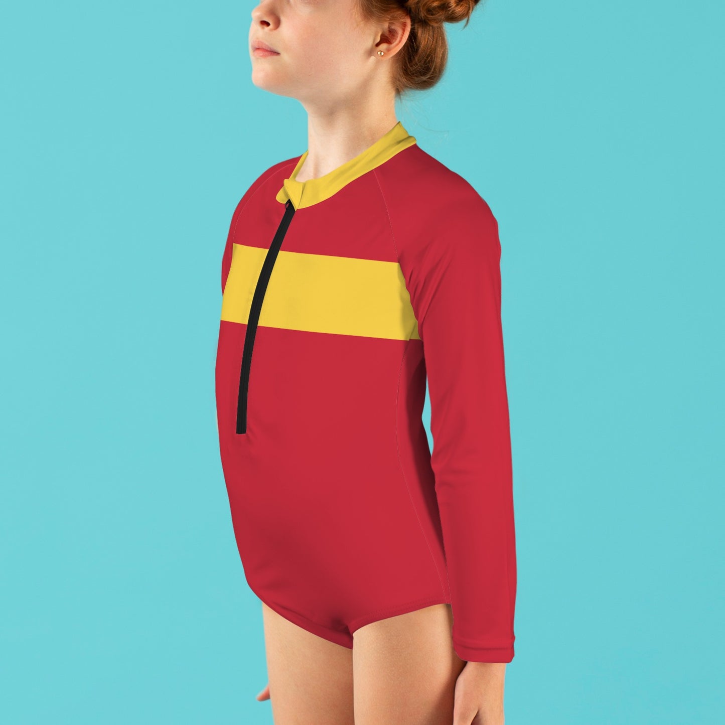 Spain Flag Inspired Big Girls' Long Sleeve One-Piece Swimsuit