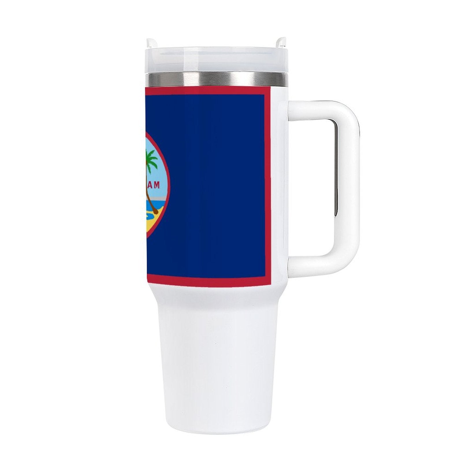 White travel mug with Guam flag design from [Brand].