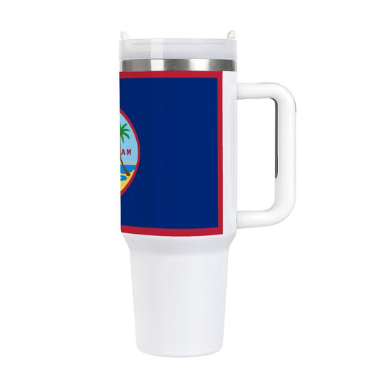 White travel mug with Guam flag design from [Brand].