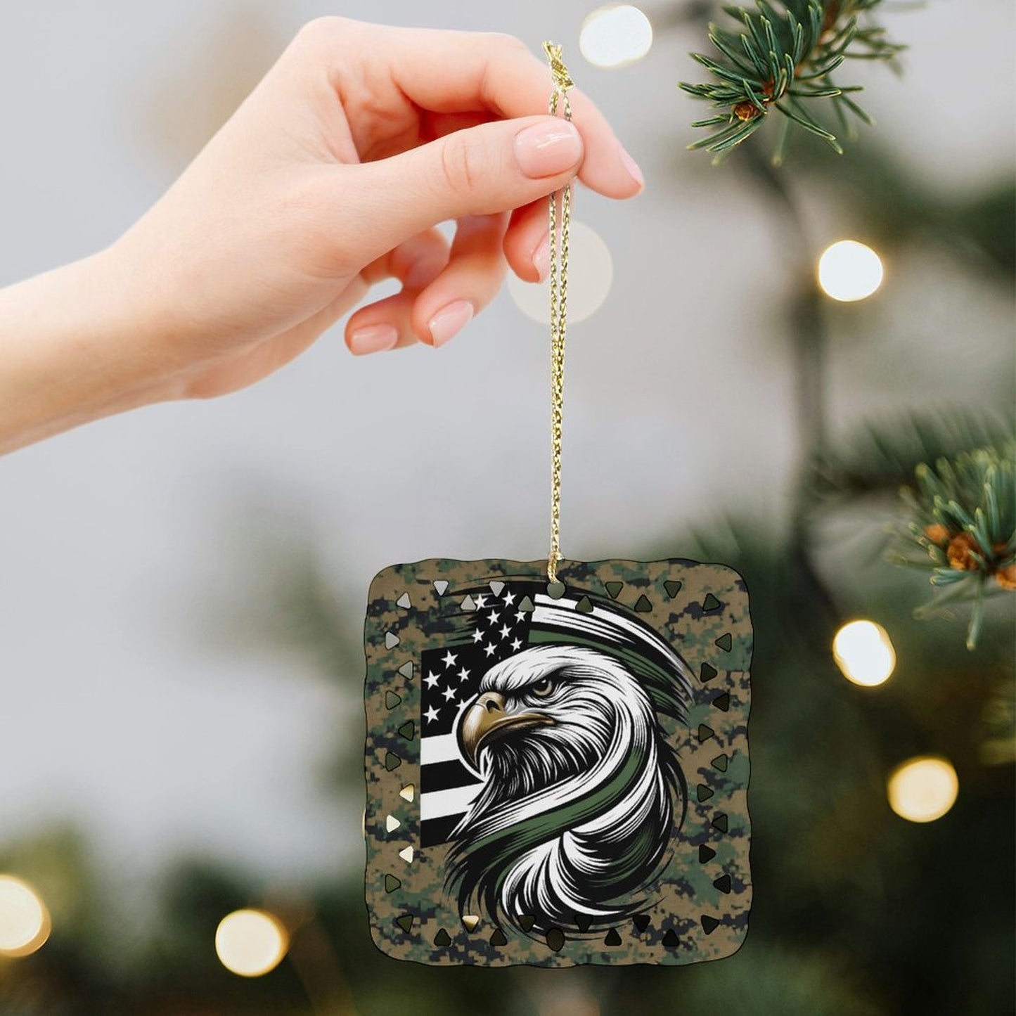 Thin Green Line Inspired Eagle on Digital Camo Flag Inspired Square Ceramic Ornament Made in the USA