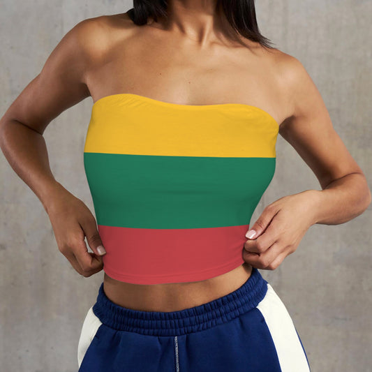 A woman wears a [Brand] colorful tube top and shorts.