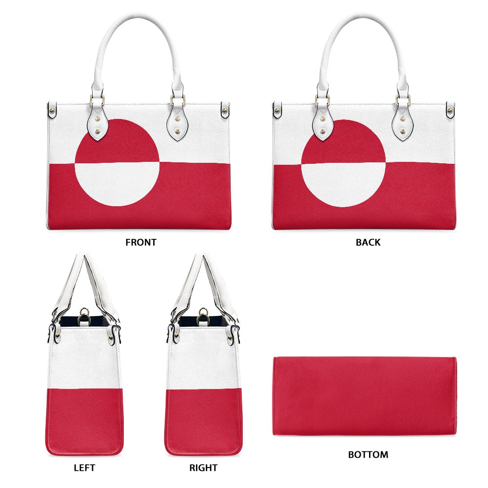 [Brand] handbag with red and white geometric design.
