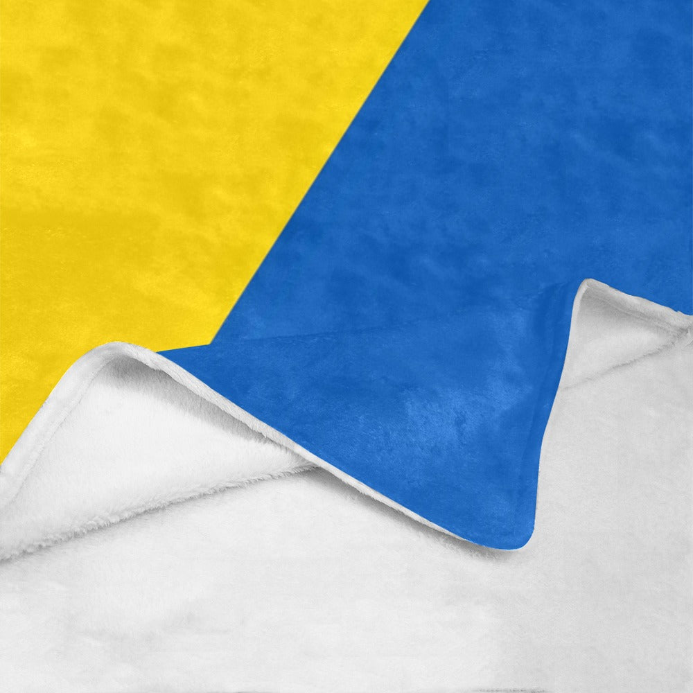 Luv My Flag fleece blanket with yellow and blue design.