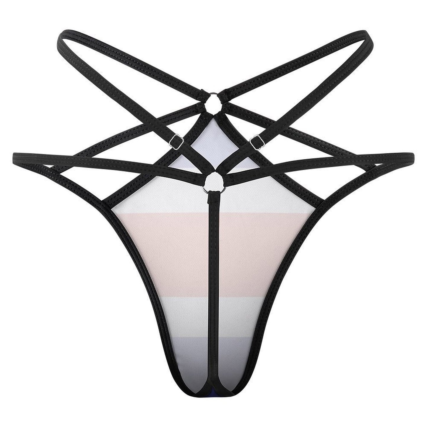 [Brand] strappy black harness lingerie, geometric design with rings.