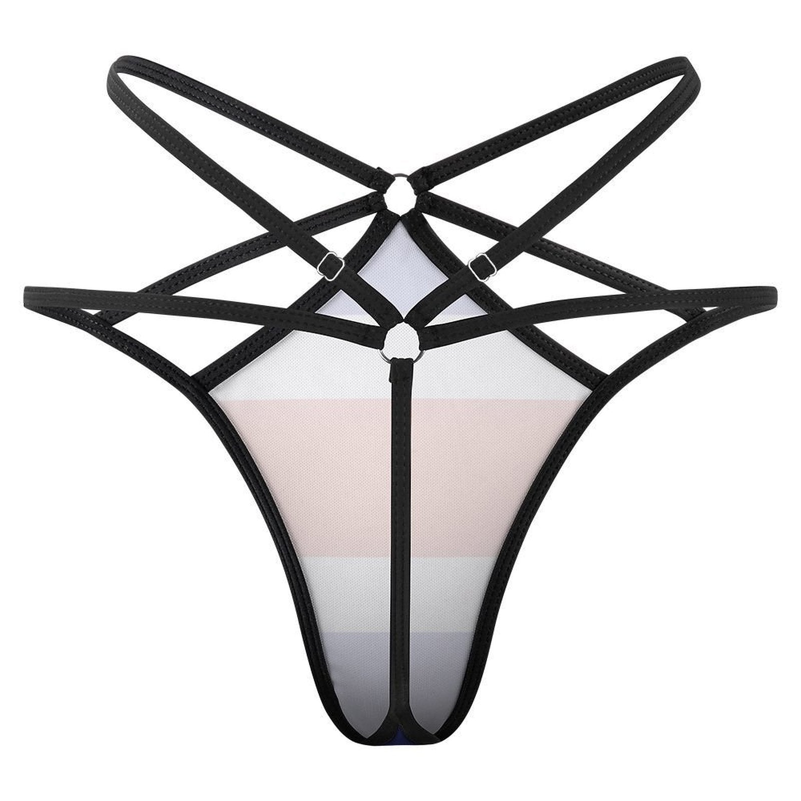 [Brand] strappy black harness lingerie, geometric design with rings.