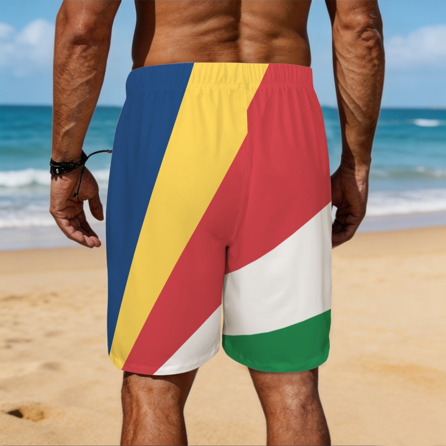 Seychelles Flag Inspired Men’s Draw String Pocket Beach Shorts Printed in the USA