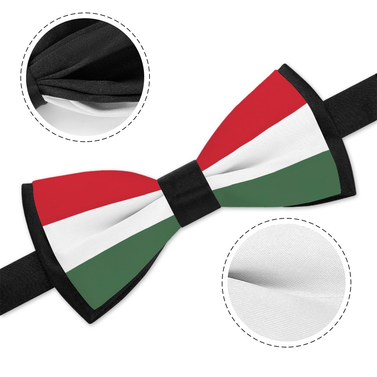 [Brand] bow tie with red, white, green stripes, close-ups.