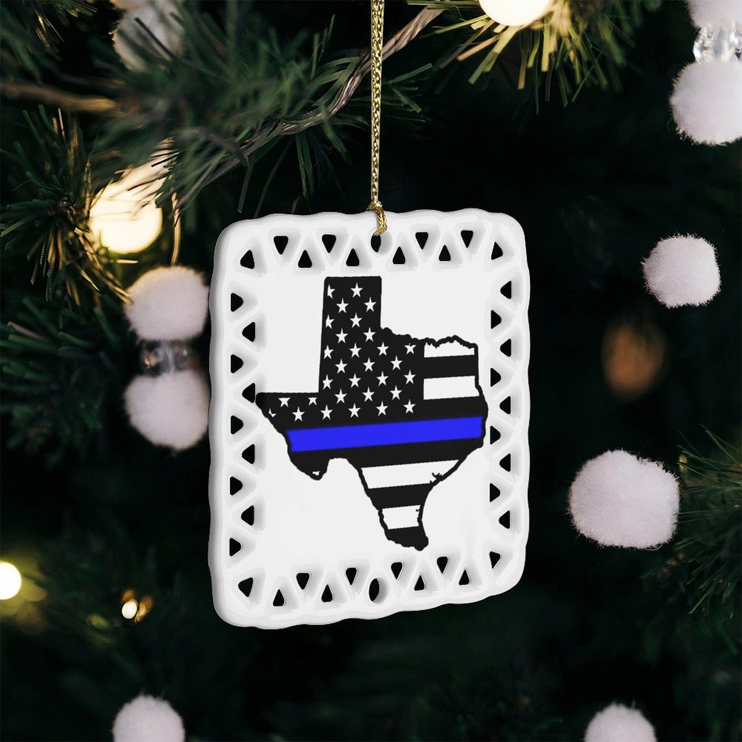 Thin Blue Line Flag Inspired Texas Shape Square Ceramic Ornament Made in the USA