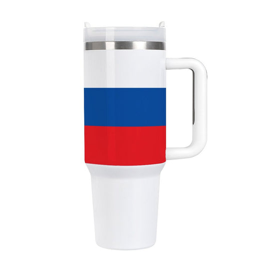 White mug with Russian flag design, by [Brand].