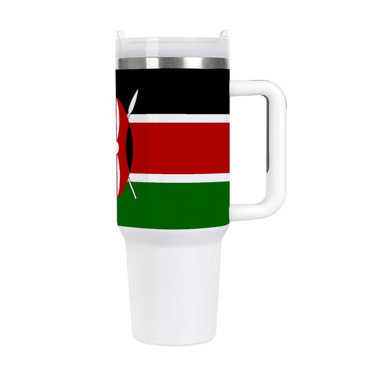 [Brand] travel mug with Kenya flag and white handle.