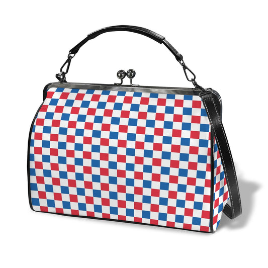 USA/American Flag Inspired Checkered Pattern Kisslock Crossbody Shoulder Bag-Large