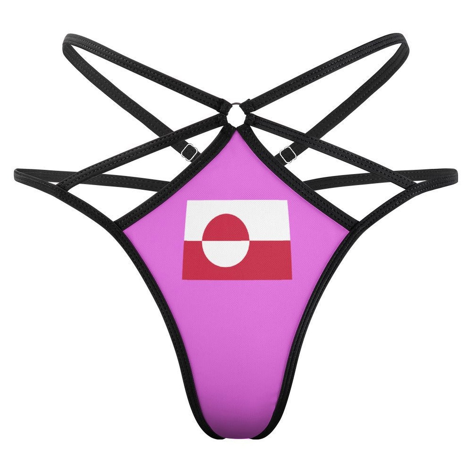 Black strappy bikini bottom with flag design, [Brand].