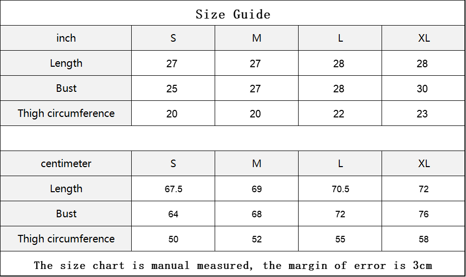 [Brand] size guide chart: length, bust, thigh measurements.