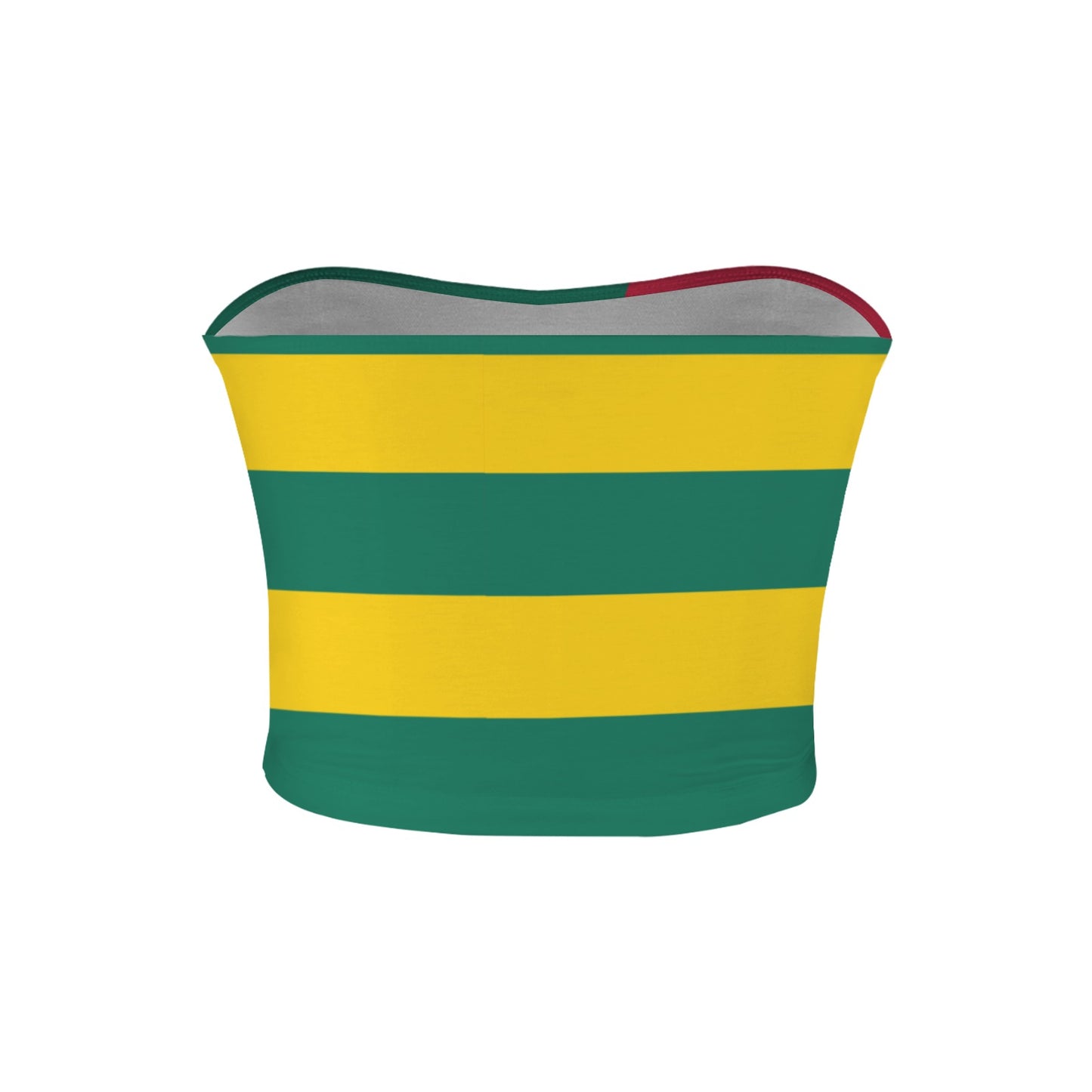 [Brand] strapless top with yellow and green horizontal stripes.